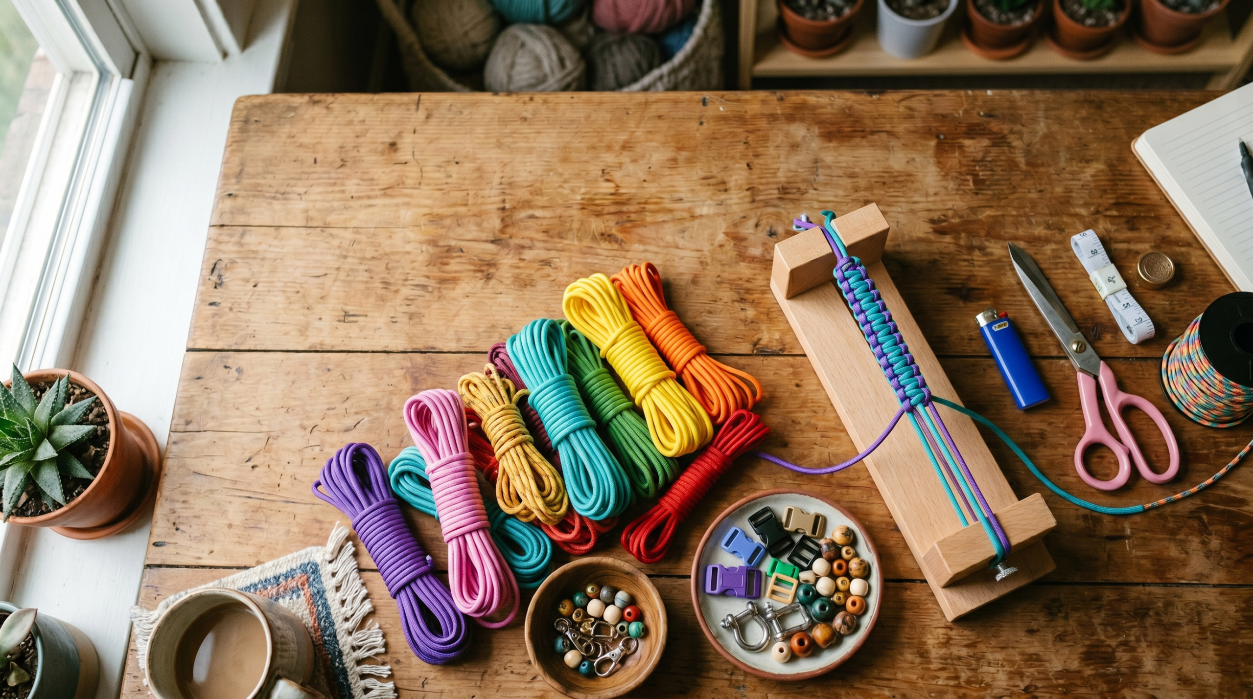 DIY paracord hobi malzemeleri — renkli ipler, boncuklar ve tokalar